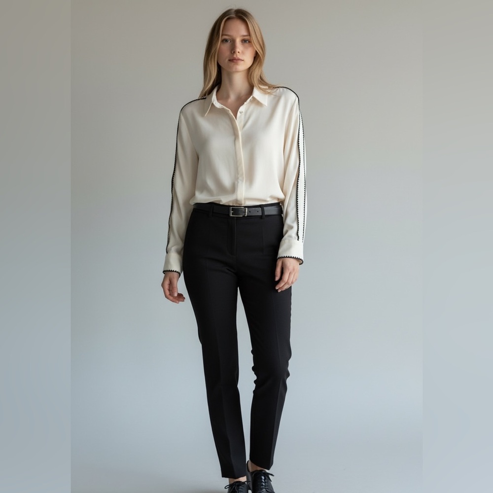 MOTF Naturally Chic Contrast Trim Blouse | Ivory | Size L | NWT